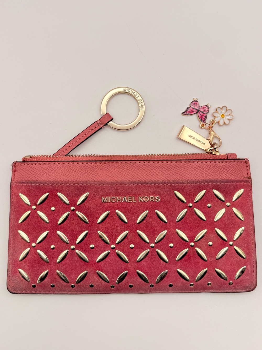MICHAEL KORS Floral Stud Suede Leather Zip Card Case Wallet Pink Gold Trim